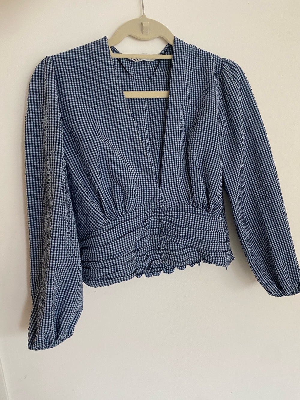 Zara Blue Gingham V-Neck Smocked Waist Long-Sleeve Top